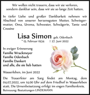 Traueranzeige von Lisa Simon (geb. Odenbach)  von Magdeburger Volksstimme
