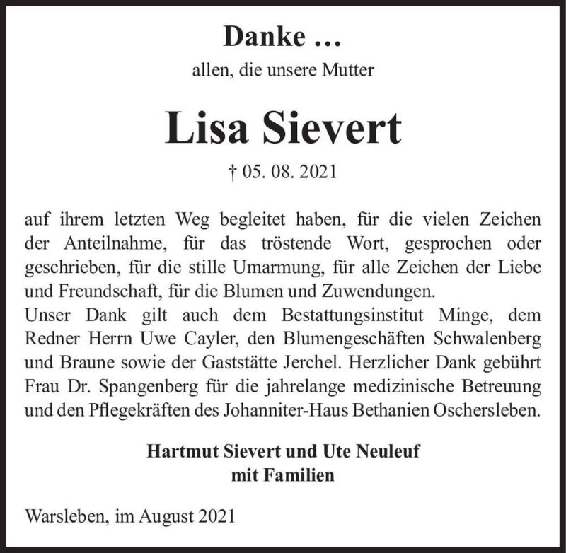  Traueranzeige für Lisa Sivert  vom 04.09.2021 aus Magdeburger Volksstimme