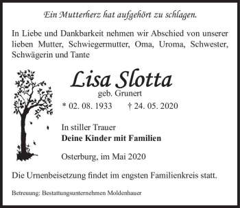 Traueranzeige von Lisa Slotta (geb. Grunert)  von Magdeburger Volksstimme