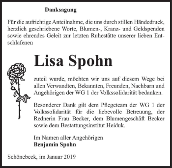 Traueranzeige von Lisa Spohn  von Magdeburger Volksstimme
