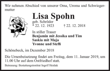 Traueranzeige von Lisa Spohn (geb. Schröder)  von Magdeburger Volksstimme