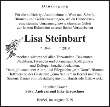 Traueranzeige von Lisa Steinbart  von Magdeburger Volksstimme