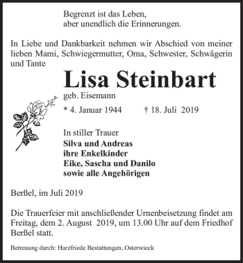 Traueranzeige von Lisa Steinbart (geb. Eisemann)  von Magdeburger Volksstimme