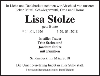 Traueranzeige von Lisa Stolze (geb. Bonte)  von Magdeburger Volksstimme