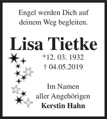 Traueranzeige von Lisa Tietke  von Magdeburger Volksstimme