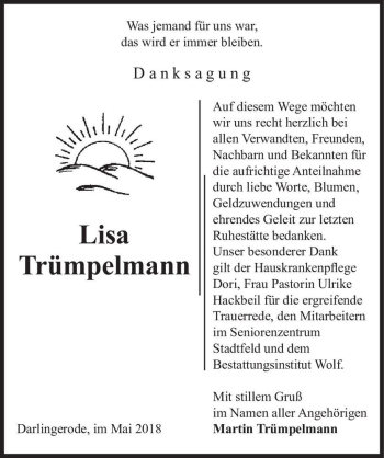 Traueranzeige von Lisa Trümpelmann  von Magdeburger Volksstimme