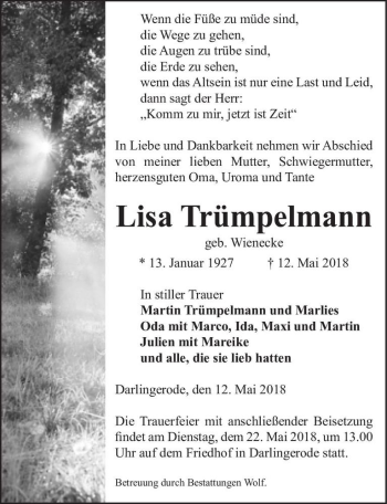 Traueranzeige von Lisa Trümpelmann (geb. Wienecke)  von Magdeburger Volksstimme