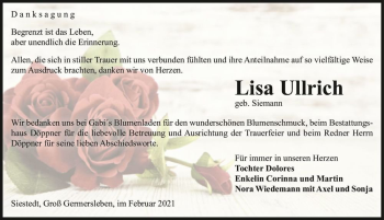 Traueranzeige von Lisa Ullrich (geb. Siemann)  von Magdeburger Volksstimme