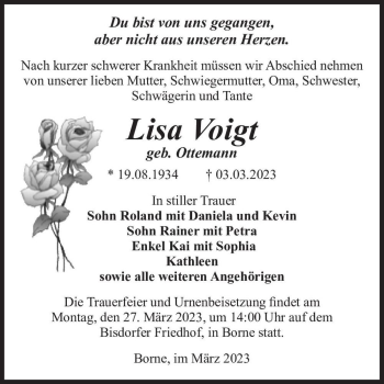 Traueranzeige von Lisa Voigt (geb. Ottemann)  von Magdeburger Volksstimme