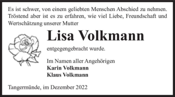 Traueranzeige von Lisa Volkmann  von Magdeburger Volksstimme