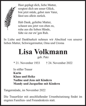 Traueranzeige von Lisa Volkmann (geb. Patz)  von Magdeburger Volksstimme