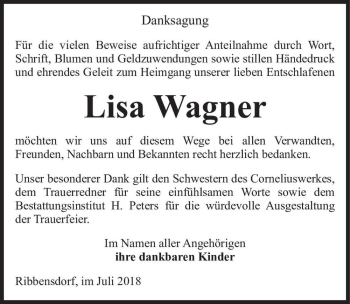 Traueranzeige von Lisa Wagner  von Magdeburger Volksstimme