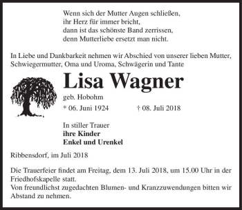 Traueranzeige von Lisa Wagner (geb. Hobohm)  von Magdeburger Volksstimme