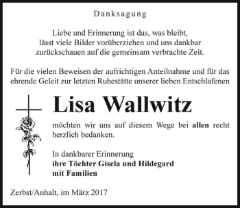 Traueranzeige von Lisa Wallwitz  von Magdeburger Volksstimme