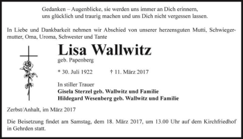 Traueranzeige von Lisa Wallwitz (geb. Papenberg)  von Magdeburger Volksstimme