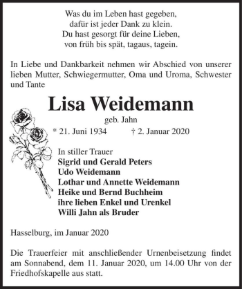 Traueranzeige von Lisa Weidemann (geb. Jahn)  von Magdeburger Volksstimme