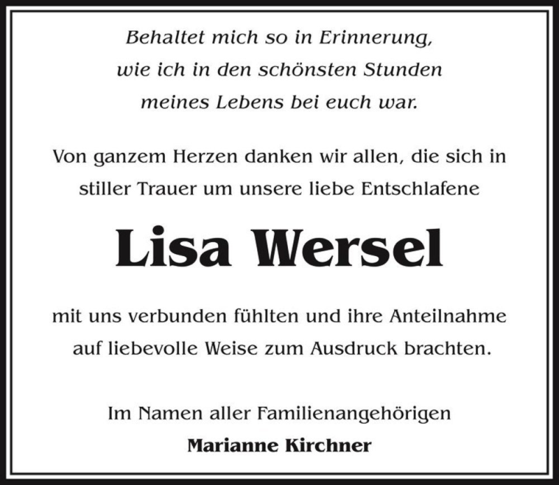  Traueranzeige für Lisa Wersel  vom 03.09.2016 aus Magdeburger Volksstimme