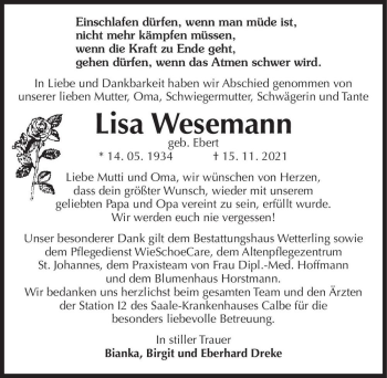 Traueranzeige von Lisa Wesemann (geb. Ebert)  von Magdeburger Volksstimme