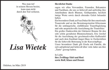 Traueranzeige von Lisa Wietek  von Magdeburger Volksstimme
