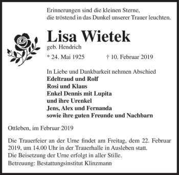 Traueranzeige von Lisa Wietek (geb. Hendrich)  von Magdeburger Volksstimme