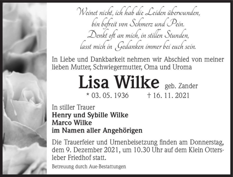  Traueranzeige für Lisa Wilke (geb. Zander)  vom 20.11.2021 aus Magdeburger Volksstimme