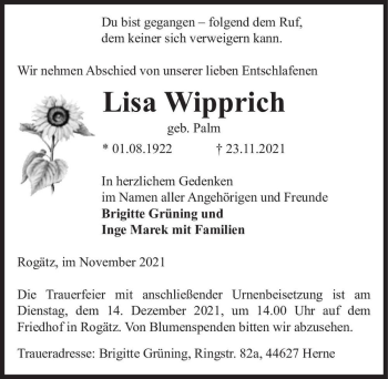 Traueranzeige von Lisa Wipprich (geb. Palm)  von Magdeburger Volksstimme