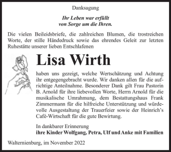 Traueranzeige von Lisa Wirth  von Magdeburger Volksstimme