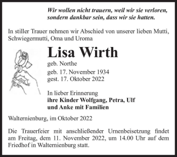 Traueranzeige von Lisa Wirth (geb. Northe)  von Magdeburger Volksstimme
