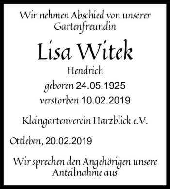 Traueranzeige von Lisa Witek (geb. Hendrich)  von Magdeburger Volksstimme