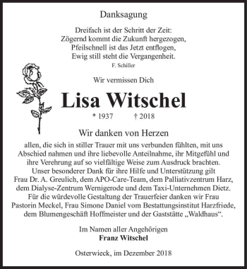 Traueranzeige von Lisa Witschel  von Magdeburger Volksstimme