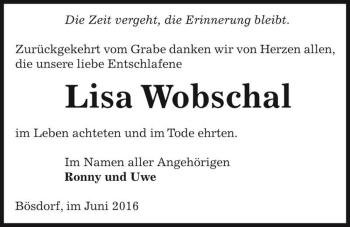 Traueranzeige von Lisa Wobschal  von Magdeburger Volksstimme
