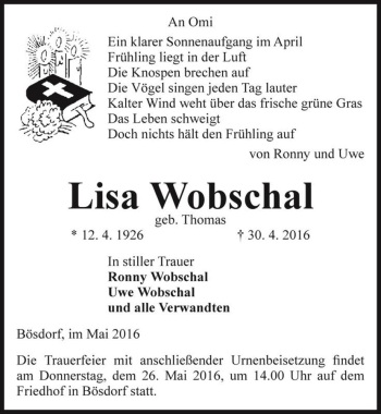 Traueranzeige von Lisa Wobschal (geb. Thomas)  von Magdeburger Volksstimme