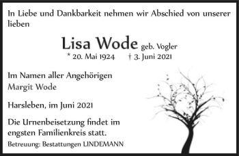 Traueranzeige von Lisa Wode (geb. Vogler)  von Magdeburger Volksstimme