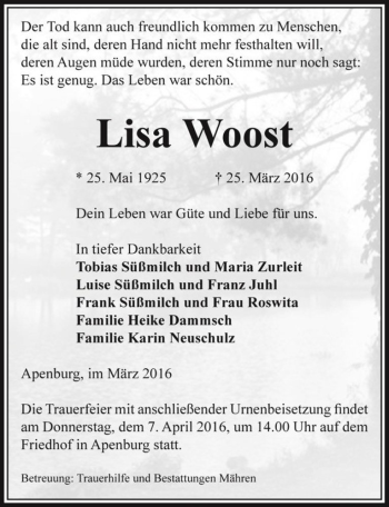 Traueranzeige von Lisa Woost  von Magdeburger Volksstimme