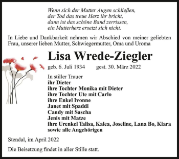 Traueranzeige von Lisa Wrede-Ziegler  von Magdeburger Volksstimme