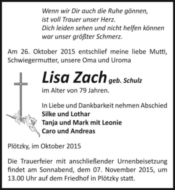Traueranzeige von Lisa Zach (geb. Schulz)  von Magdeburger Volksstimme