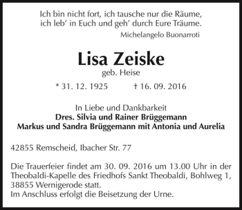 Traueranzeige von Lisa Zeiske (geb. Heise)  von Magdeburger Volksstimme