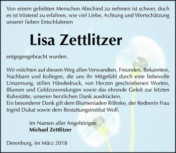 Traueranzeige von Lisa Zettlitzer  von Magdeburger Volksstimme