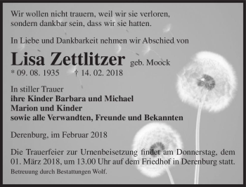 Traueranzeige von Lisa Zettlitzer (geb. Moock)  von Magdeburger Volksstimme