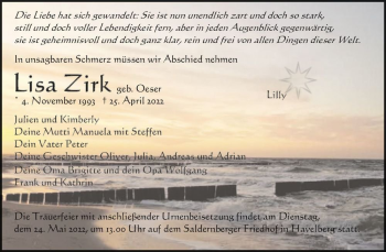 Traueranzeige von Lisa Zirk (geb. Oeser)  von Magdeburger Volksstimme