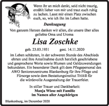 Traueranzeige von Lisa Zoschke  von Magdeburger Volksstimme