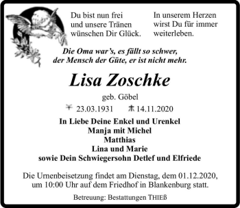 Traueranzeige von Lisa Zoschke (geb. Göbel)  von Magdeburger Volksstimme