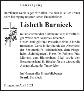 Traueranzeige von Lisbeth Barnieck  von Magdeburger Volksstimme