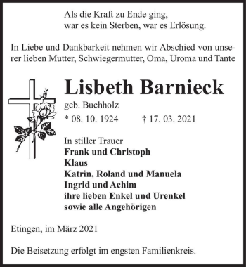Traueranzeige von Lisbeth Barnieck (geb. Buchholz)  von Magdeburger Volksstimme