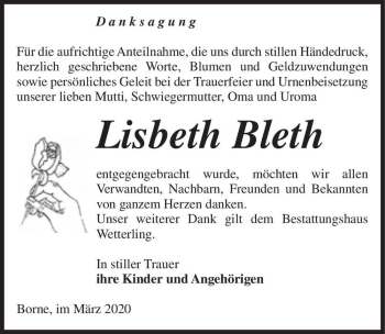 Traueranzeige von Lisbeth Bleth  von Magdeburger Volksstimme