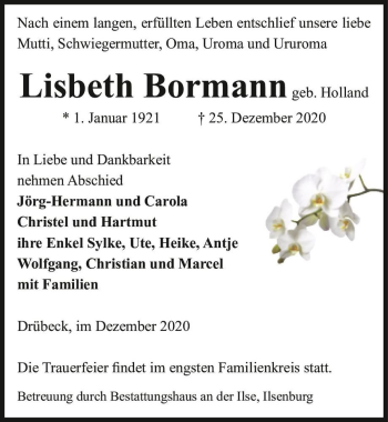 Traueranzeige von Lisbeth Bormann (geb. Holland)  von Magdeburger Volksstimme