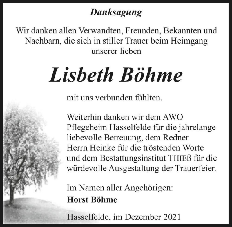  Traueranzeige für Lisbeth Böhme  vom 24.12.2021 aus Magdeburger Volksstimme