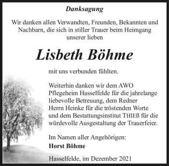 Traueranzeige von Lisbeth Böhme  von Magdeburger Volksstimme