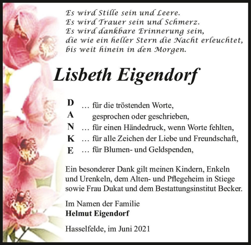  Traueranzeige für Lisbeth Eigendorf  vom 12.06.2021 aus Magdeburger Volksstimme