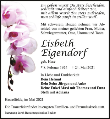 Traueranzeige von Lisbeth Eigendorf (geb. Hase)  von Magdeburger Volksstimme